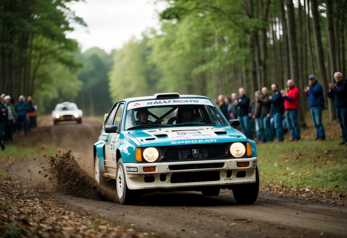 En rallybil susar genom en skogsbana, sprutar upp jord och löv, medan åskådare tittar från sidan.