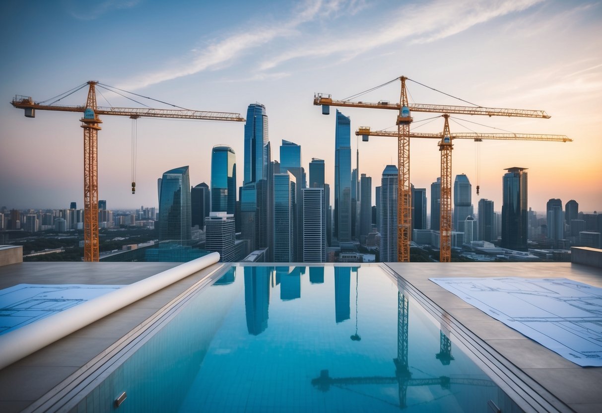 A city skyline with construction cranes and blueprints for a swimming pool