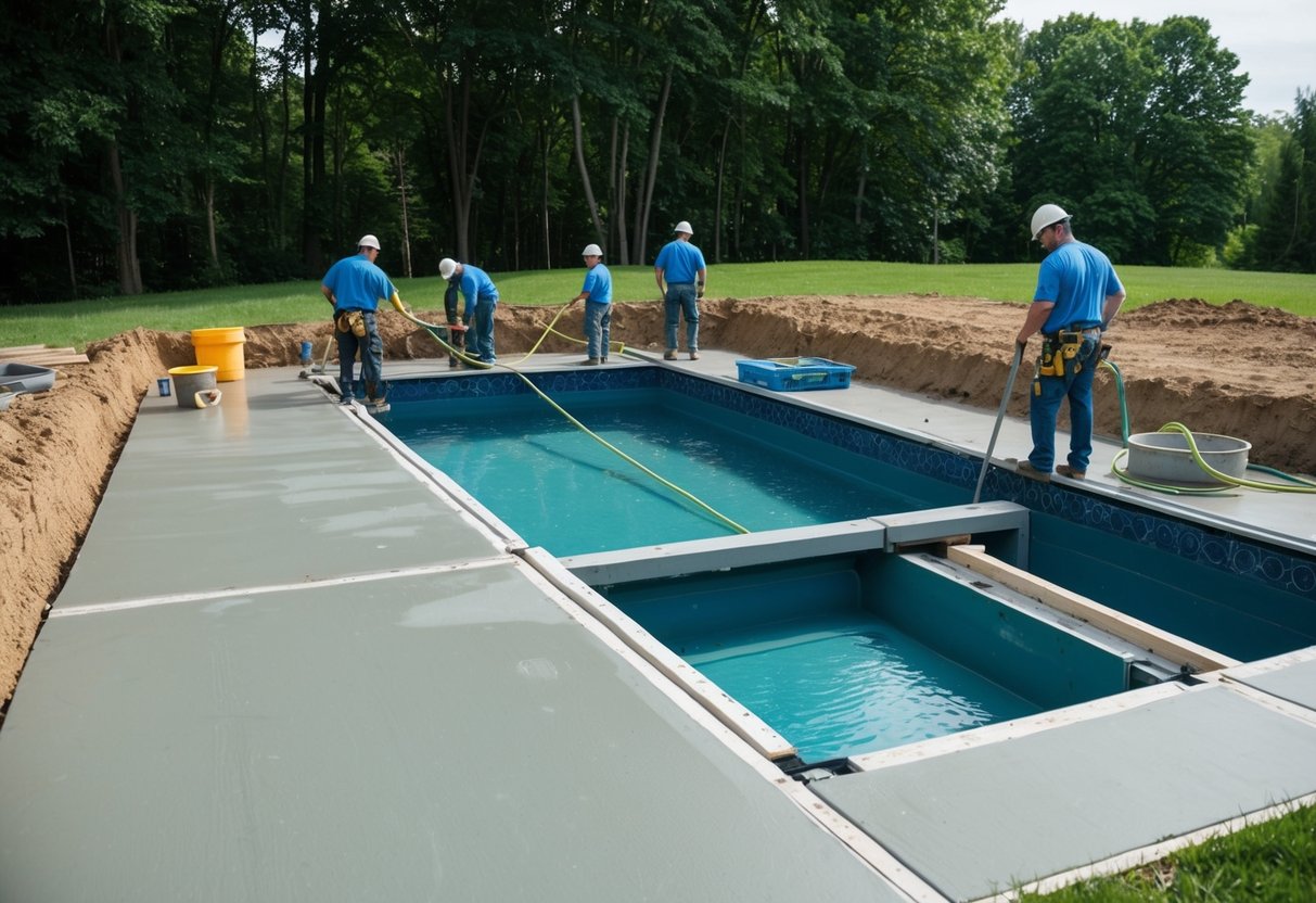 A team of workers excavates and levels the ground, then installs the pool structure and plumbing, followed by pouring and smoothing the concrete for the pool deck