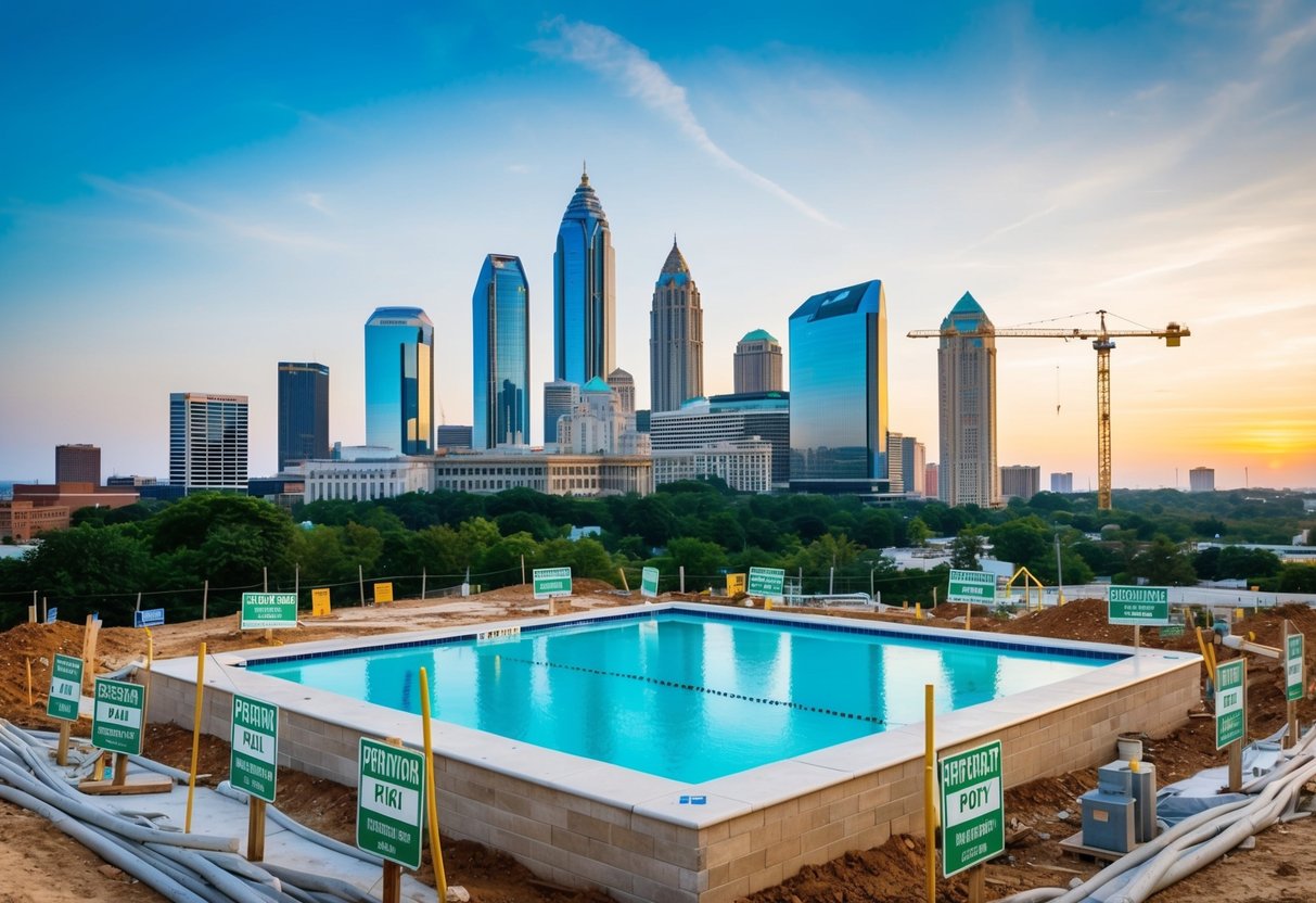 A bustling Atlanta skyline with a pool construction site surrounded by regulatory signs and permits