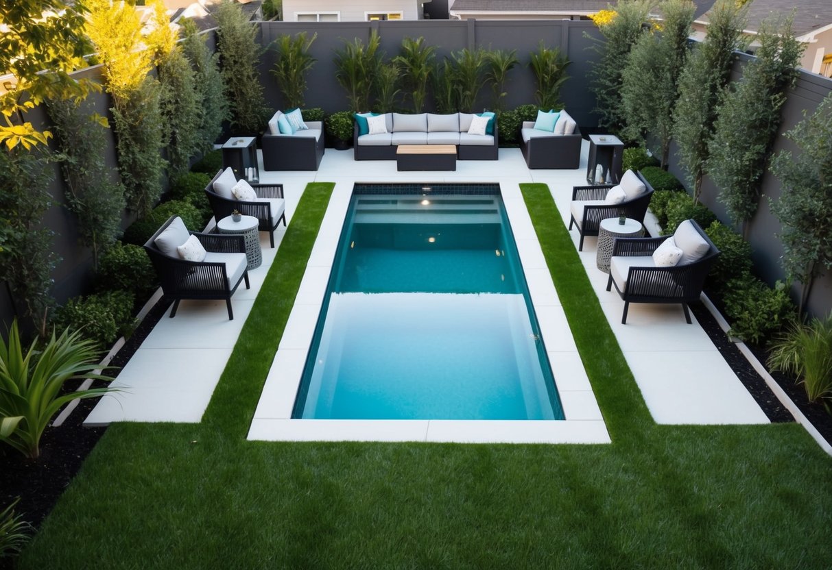 A small backyard with a sleek, modern pool design featuring a compact, geometric shape surrounded by lush greenery and stylish outdoor furniture