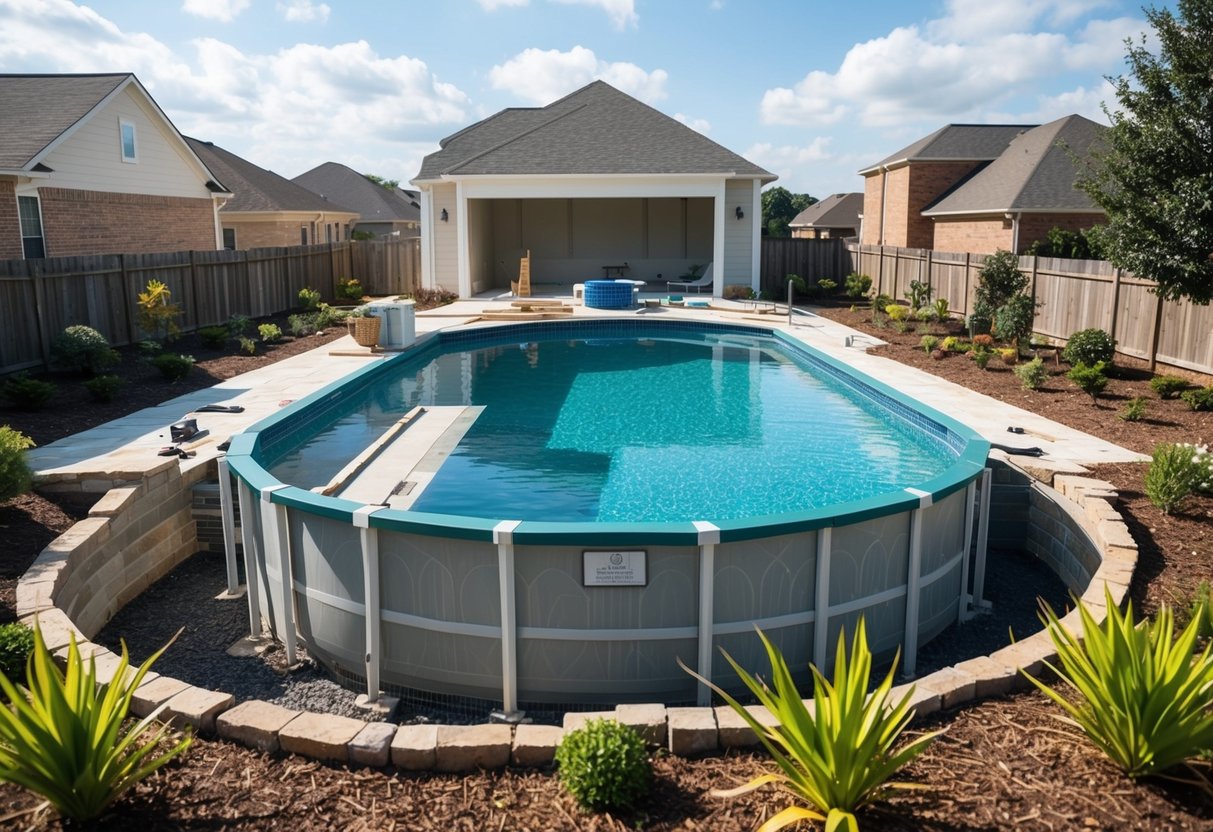 A pool being constructed with eco-friendly materials and surrounded by sustainable landscaping in a residential area of Atlanta