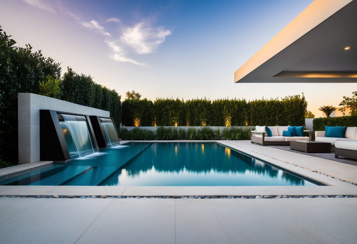 A modern custom pool design featuring geometric shapes, sleek lines, and innovative water features set against a backdrop of lush landscaping and contemporary outdoor furnishings