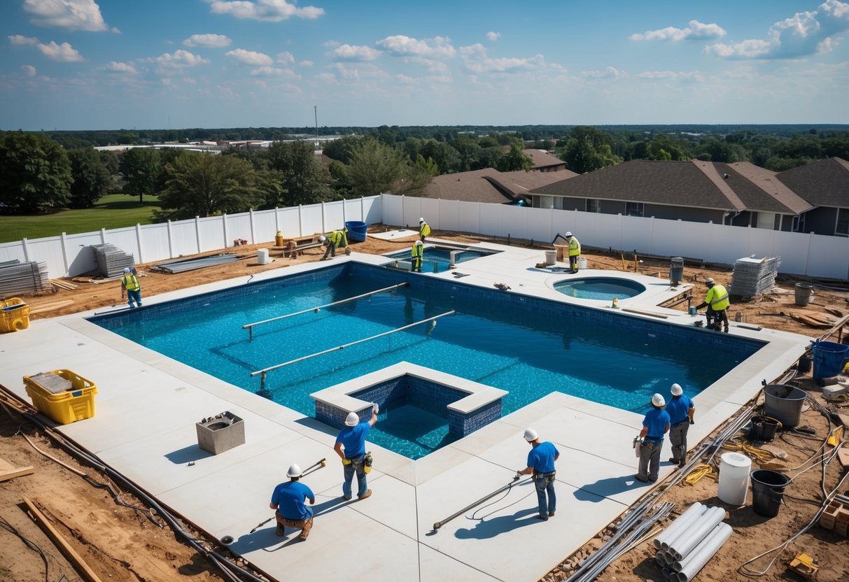 A construction site with workers assembling custom pool designs in Atlanta, surrounded by essential building materials and equipment