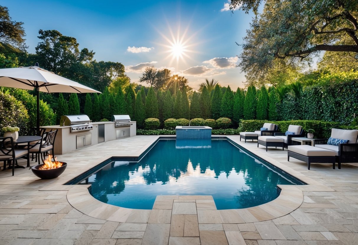 A luxurious custom pool surrounded by lush landscaping and modern outdoor furniture, with a built-in grill and cozy fire pit, all under the Atlanta sun