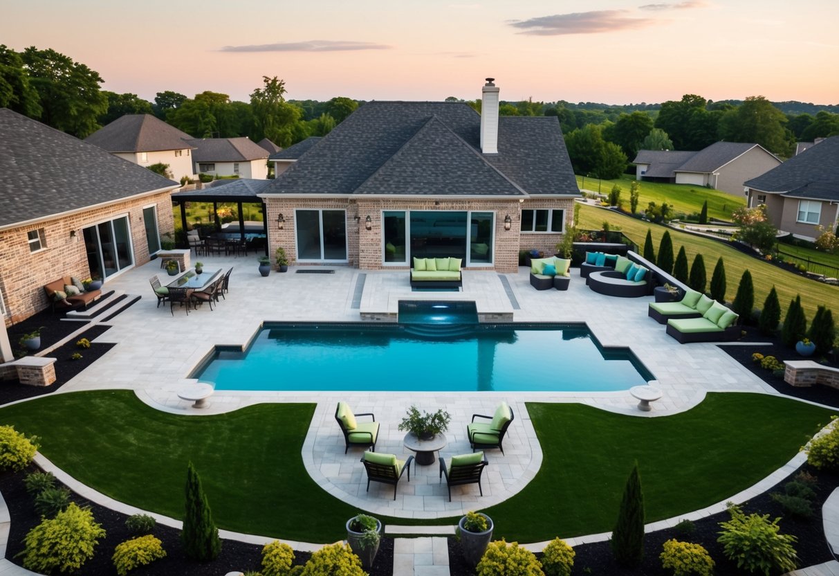 A landscape with a spacious backyard featuring a custom-designed pool with surrounding decking, landscaping, and outdoor seating areas