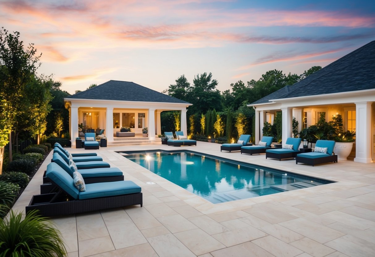 A custom pool with luxurious loungers, lush landscaping, and elegant lighting creates an inviting poolside experience