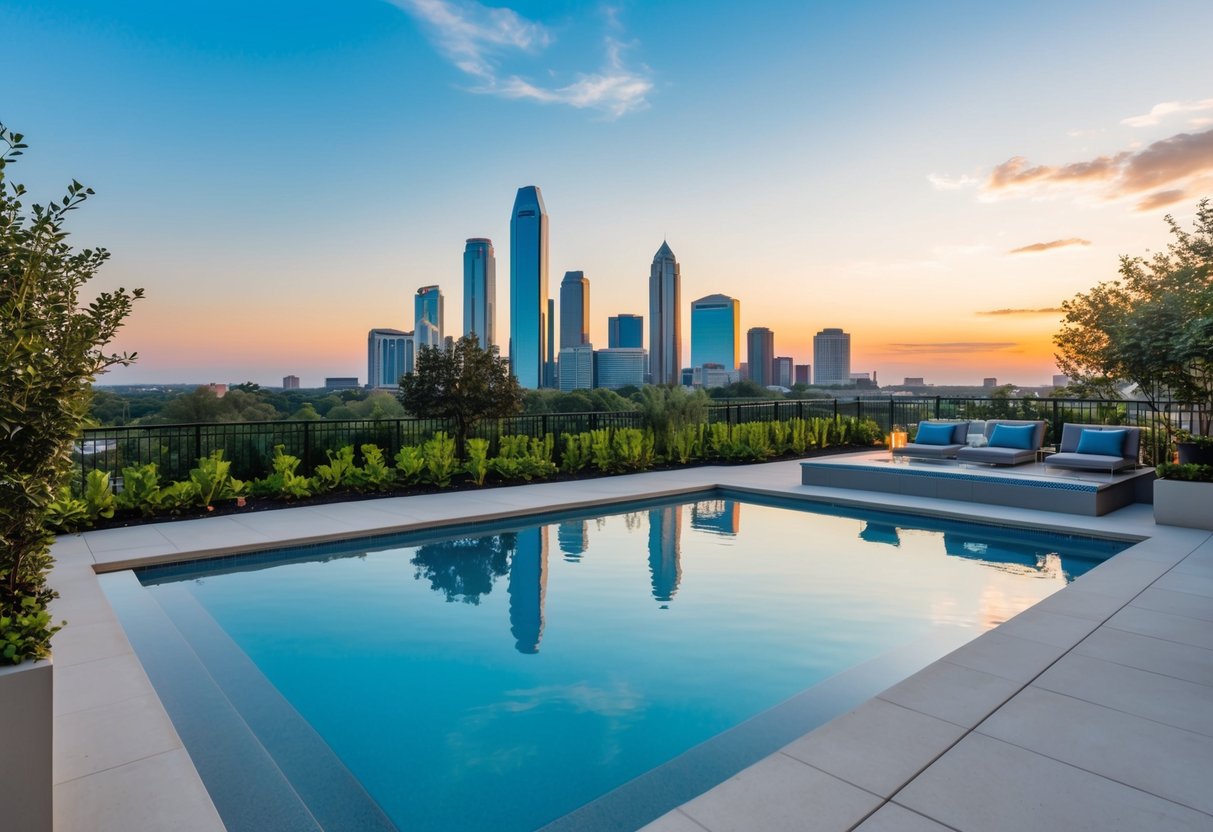 A sleek, modern pool with custom features, surrounded by lush landscaping and a backdrop of the Atlanta skyline