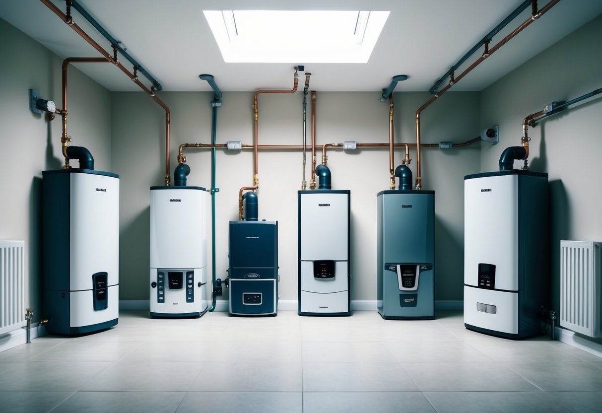 A house with various types of boilers (combi, system, conventional) installed in a utility room, each connected to pipes and radiators throughout the building