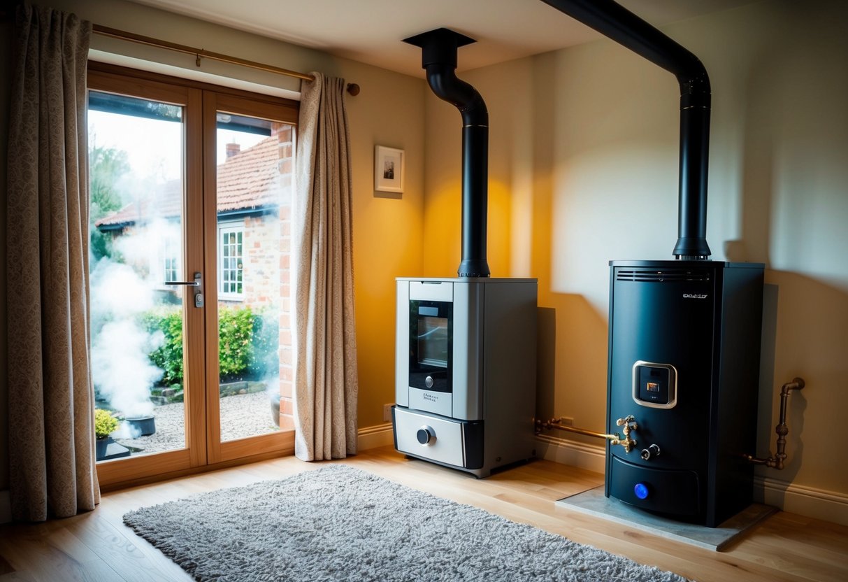 A cozy living room with a modern boiler system nestled in a corner, radiating warmth throughout the space. Outside, a traditional boiler emits steam, providing heat to a charming home