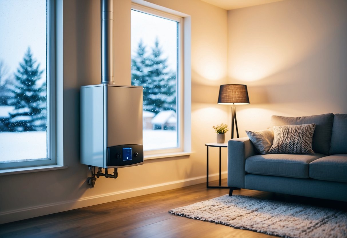 A cozy living room with a modern boiler system installed in a corner, radiating warmth and comfort. Outside, snow falls gently, highlighting the efficiency of the heating system