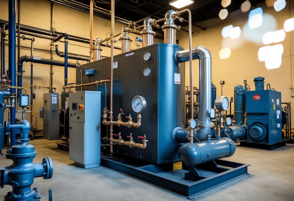 A large boiler system with pipes, valves, and gauges, surrounded by industrial machinery and equipment