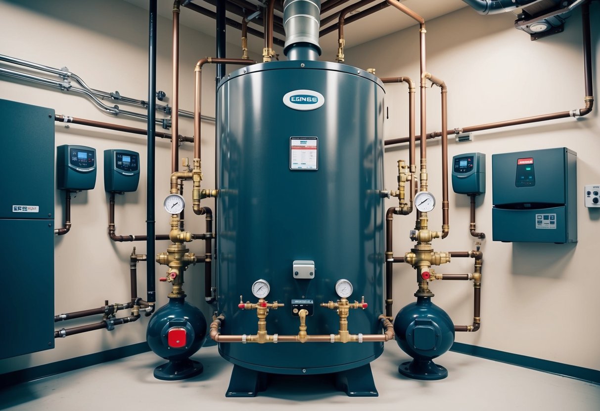 A large boiler with pipes, valves, and gauges, surrounded by control panels and monitoring equipment in a mechanical room