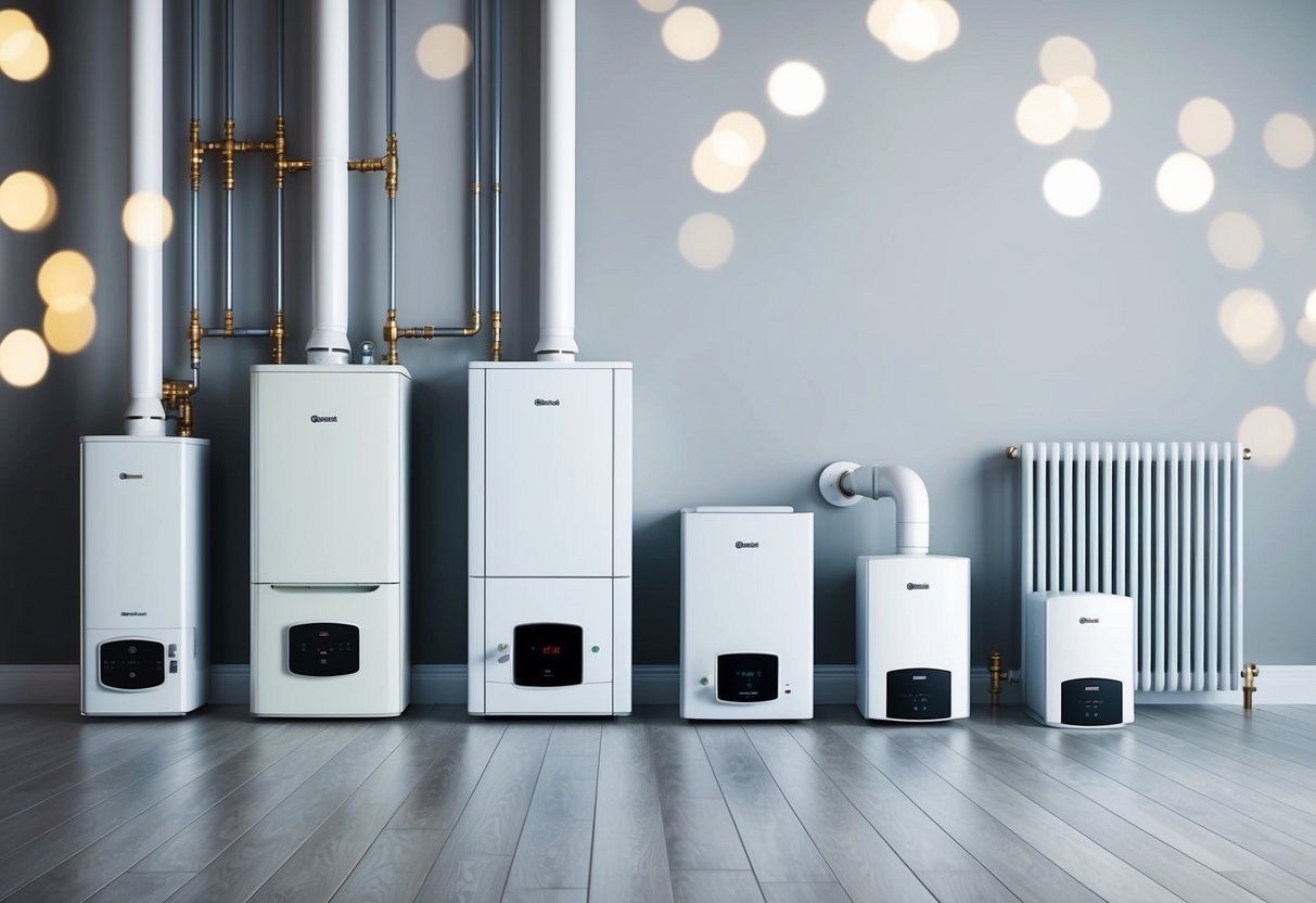 A variety of boilers in different sizes, including combi, system, and conventional, with pipes and radiators to illustrate their impact on home sizing