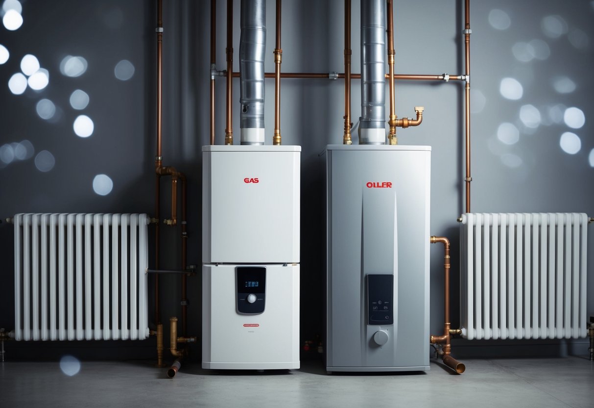 A modern gas boiler and an oil boiler side by side, surrounded by pipes and radiators, with labels indicating their respective fuel sources