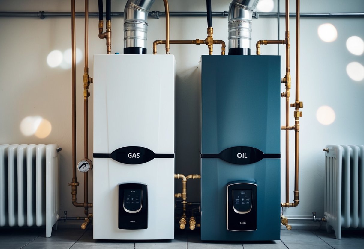 A house with two boilers side by side, one labeled "Gas" and the other "Oil", surrounded by pipes and radiators