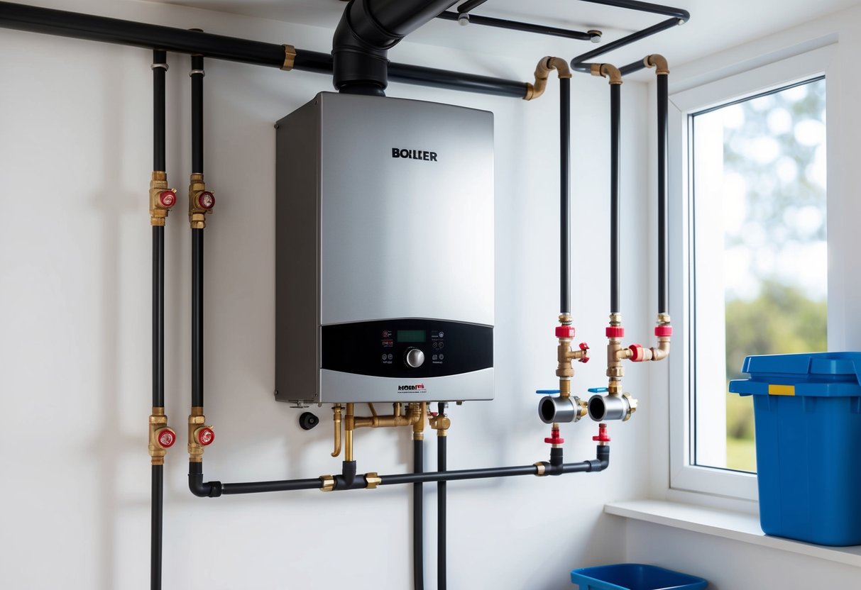 A modern, high-efficiency boiler installed in a clean, well-lit utility room with pipes and valves neatly arranged