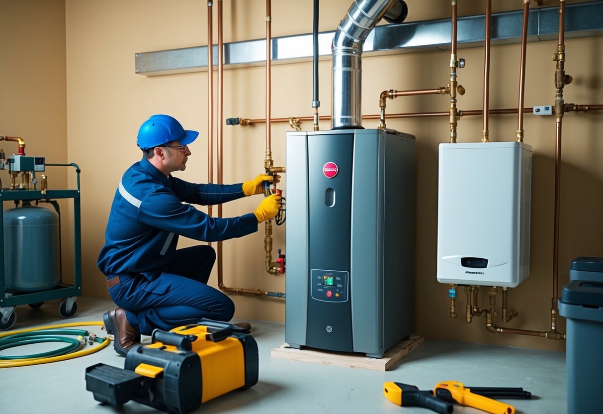 A technician installing a new high-efficiency boiler in a mechanical room, surrounded by pipes, tools, and equipment