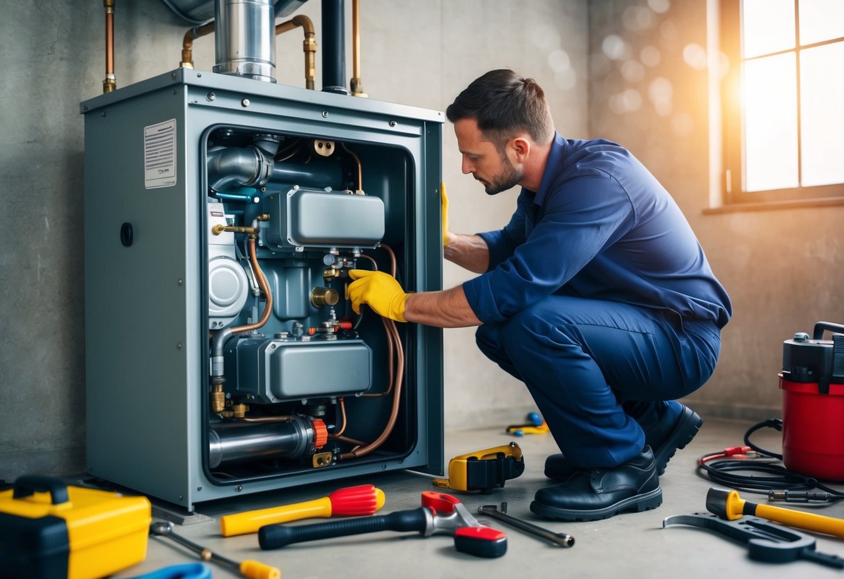 A technician inspecting and cleaning the inner components of a boiler system with various tools and equipment scattered around the maintenance area