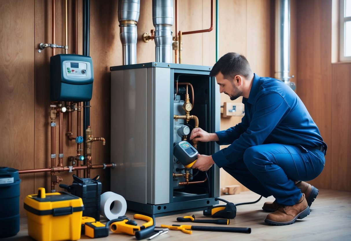 A technician inspecting and cleaning a boiler, surrounded by tools and maintenance equipment