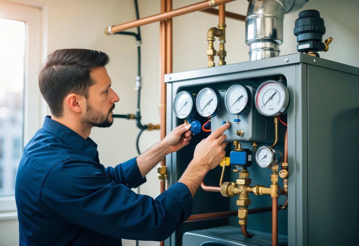 A technician inspecting a boiler with various gauges and valves, checking for leaks and abnormal sounds