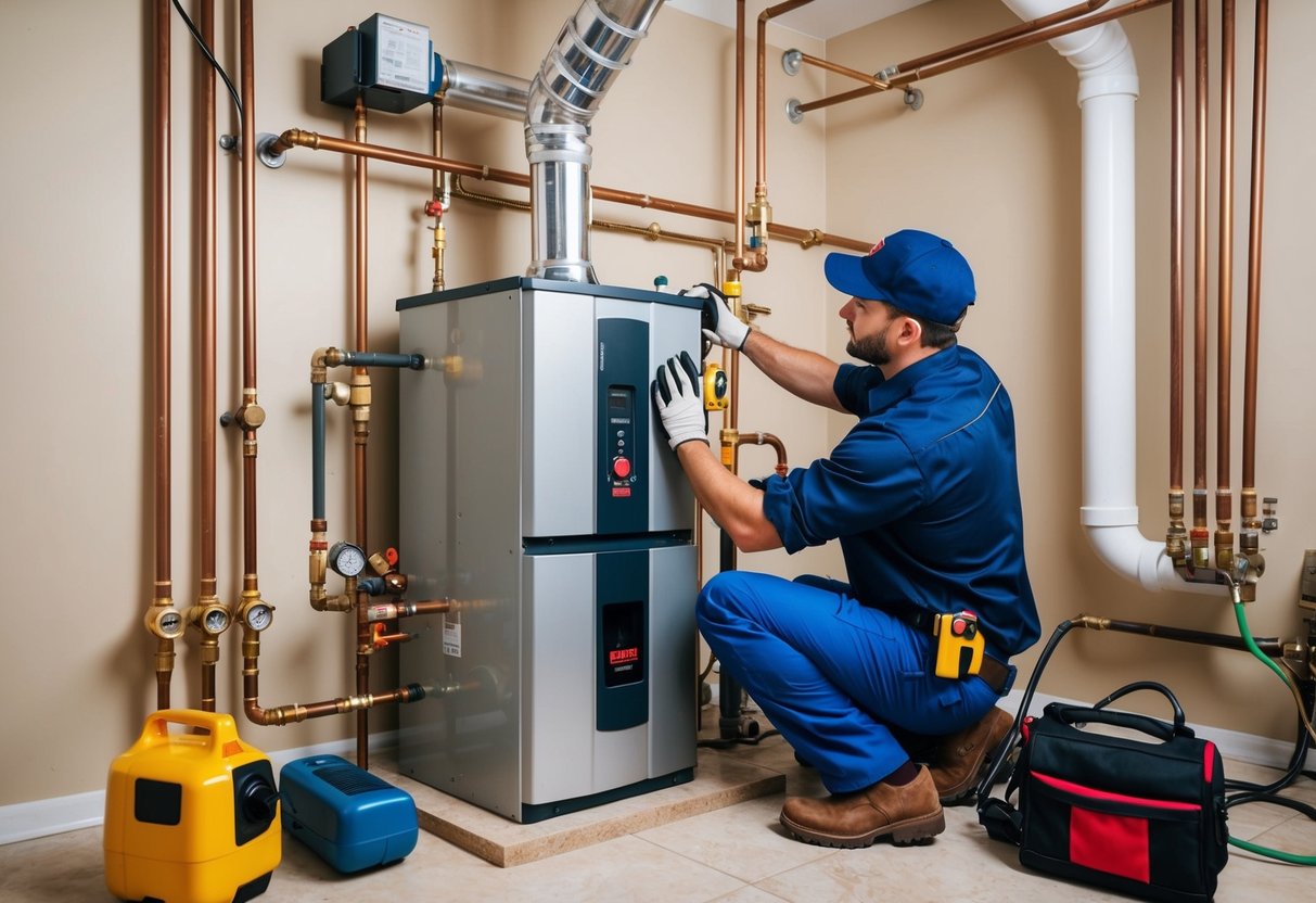 A technician installing a boiler in a Kennesaw, GA home, surrounded by pipes, tools, and equipment