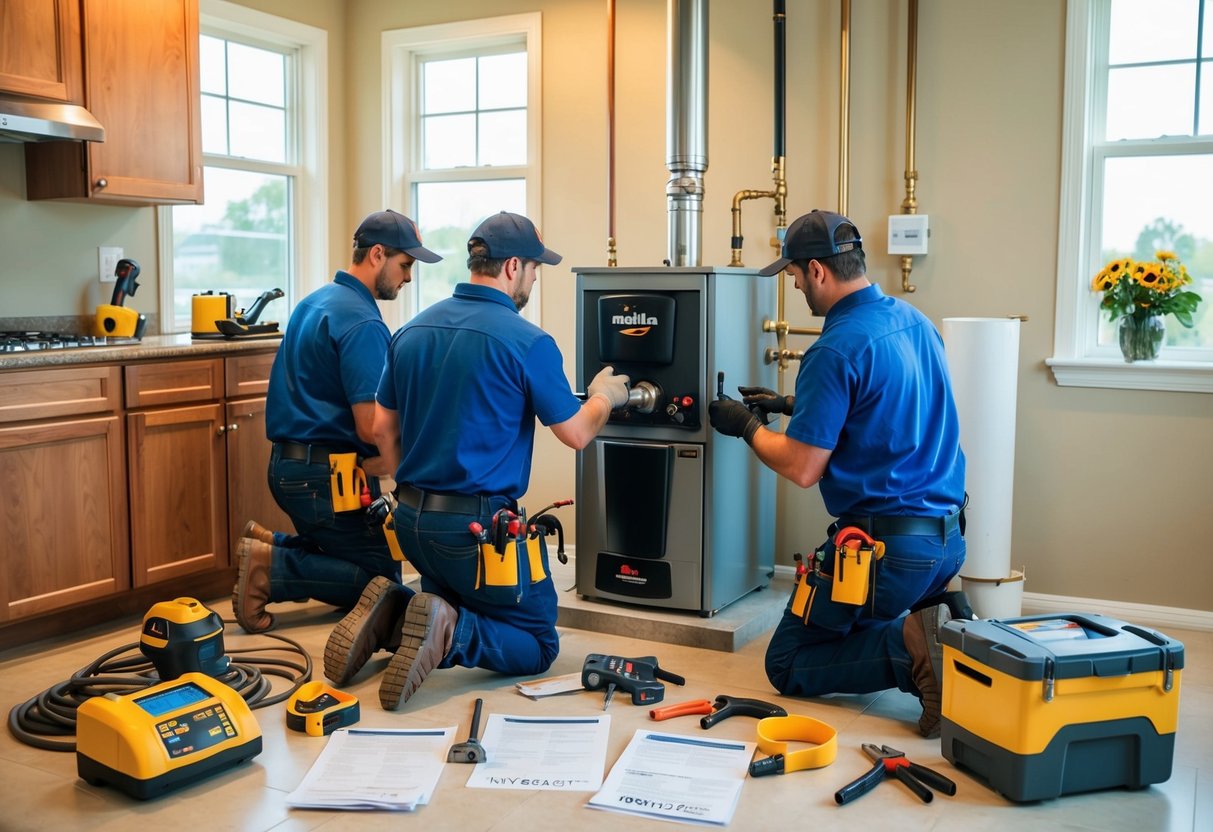 A team of workers installs a boiler in a Kennesaw home, surrounded by tools, pipes, and equipment. Invoices and cost estimates are scattered nearby