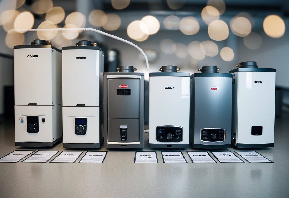 A variety of boilers, including combi, system, and conventional types, arranged in a row with labels indicating their different functionalities and sizes