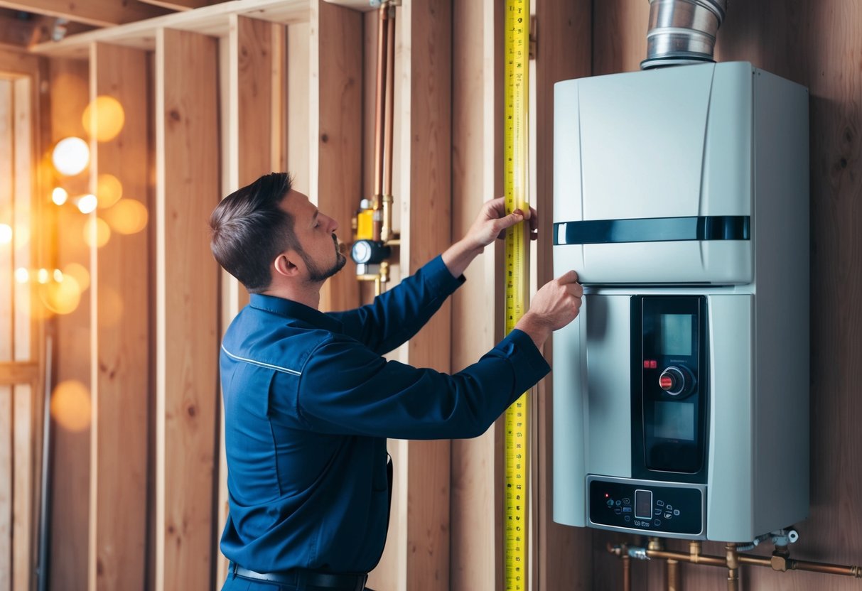 A technician carefully measures and inspects the space for a new boiler installation, considering various factors such as size, ventilation, and safety regulations