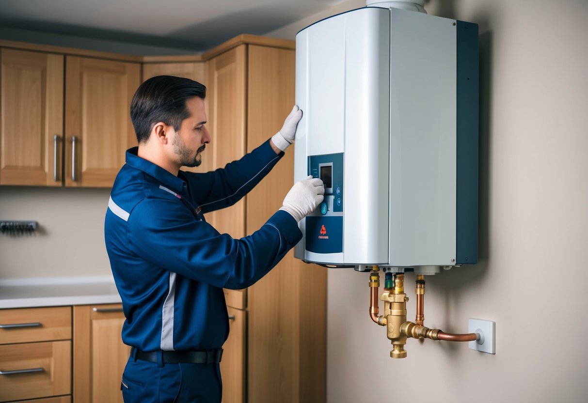 A professional boiler technician performing post-installation maintenance on a newly installed boiler, ensuring its proper care and function