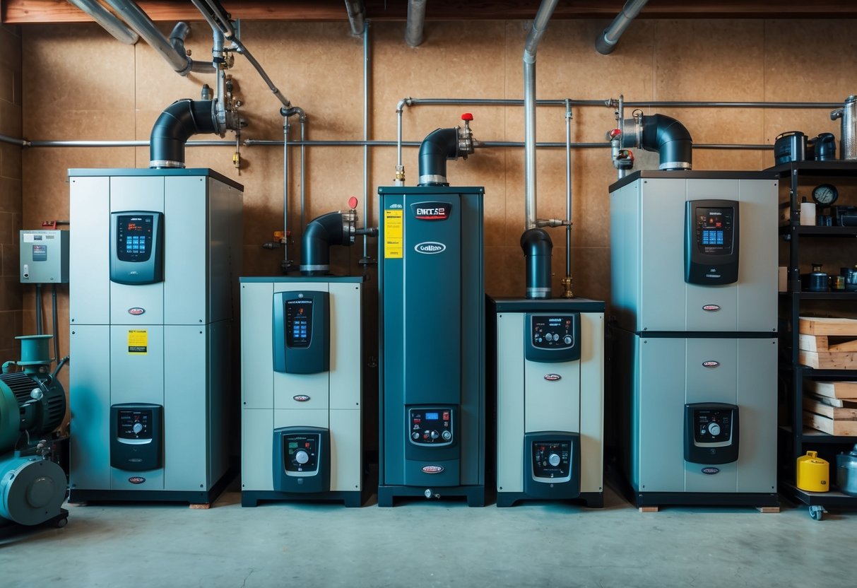 A variety of boilers and fuel sources are displayed in a workshop setting, including gas, oil, and biomass options