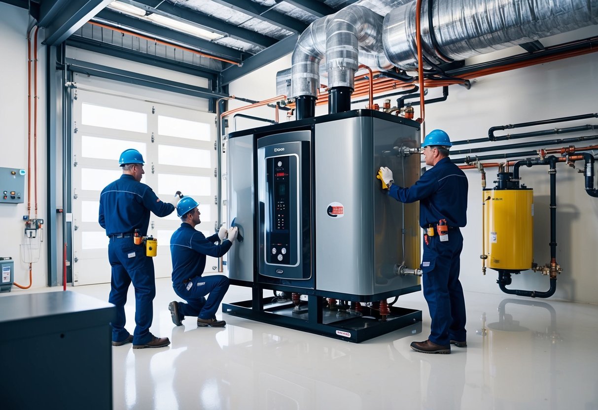 A modern boiler being installed with advanced technology and equipment by technicians in a clean and organized industrial setting