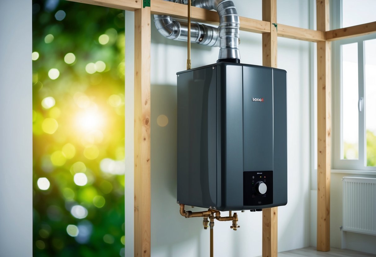 A modern boiler being installed in a sustainable, energy-efficient setting with green technology and environmental impact in mind