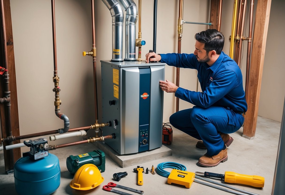 A technician installing a boiler in a residential basement, surrounded by pipes, tools, and safety equipment