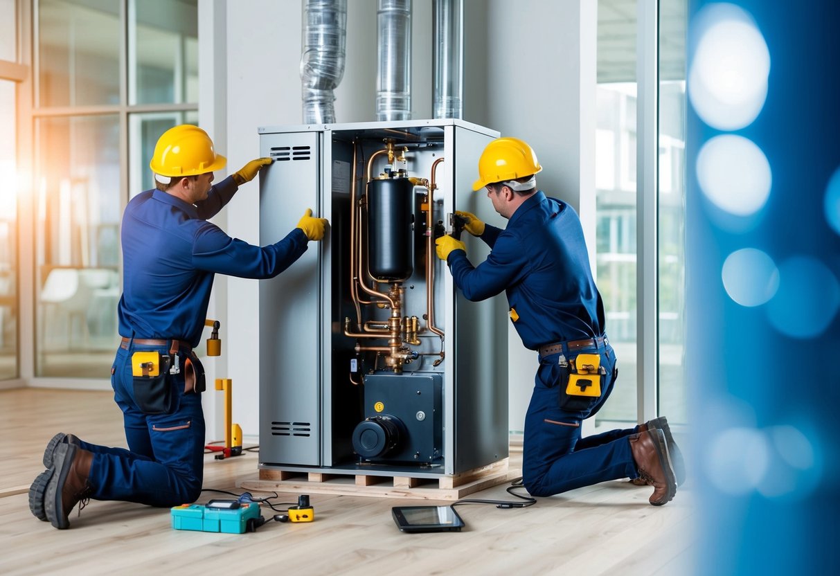 A modern, energy-efficient boiler system being installed in a building, with workers using advanced technology to reduce emissions and improve efficiency