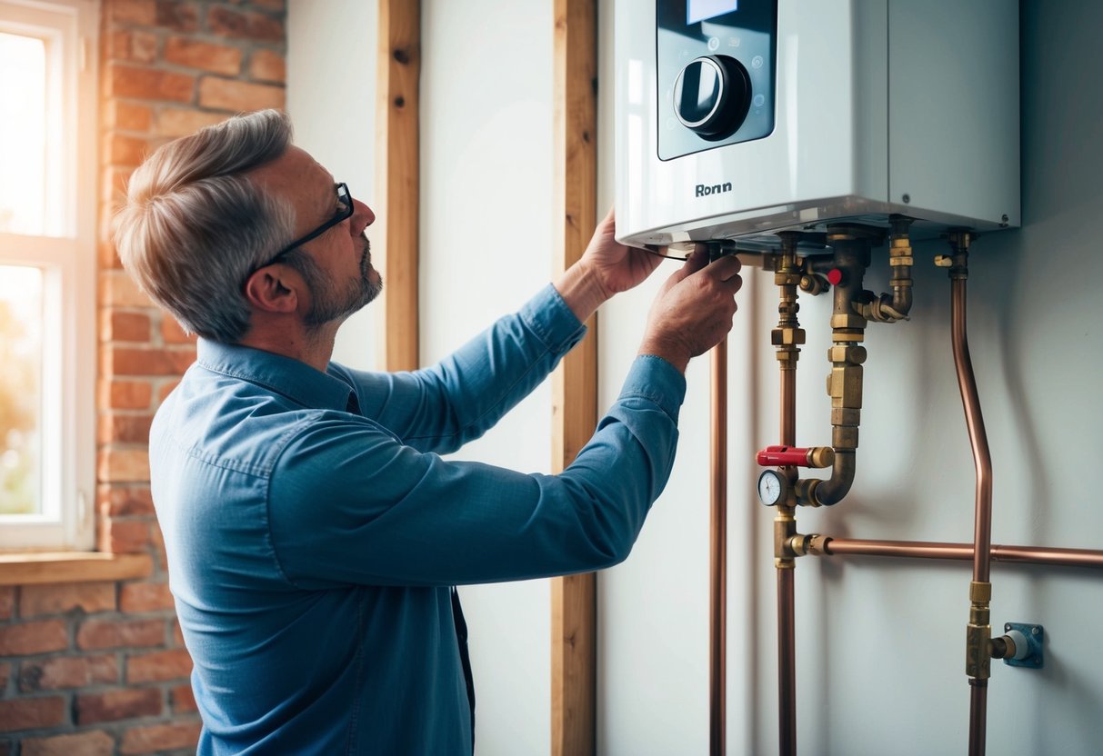 A homeowner measures space for boiler installation, considering heating needs and types