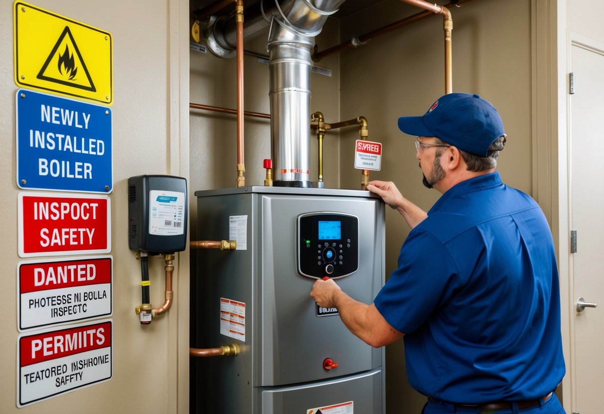 A technician inspects a newly installed boiler in Kennesaw, GA, surrounded by safety signs, regulations, and permits