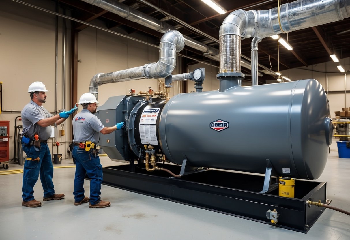 An industrial boiler being installed in Kennesaw, GA, with workers obtaining necessary permits and adhering to regulations and maintenance considerations