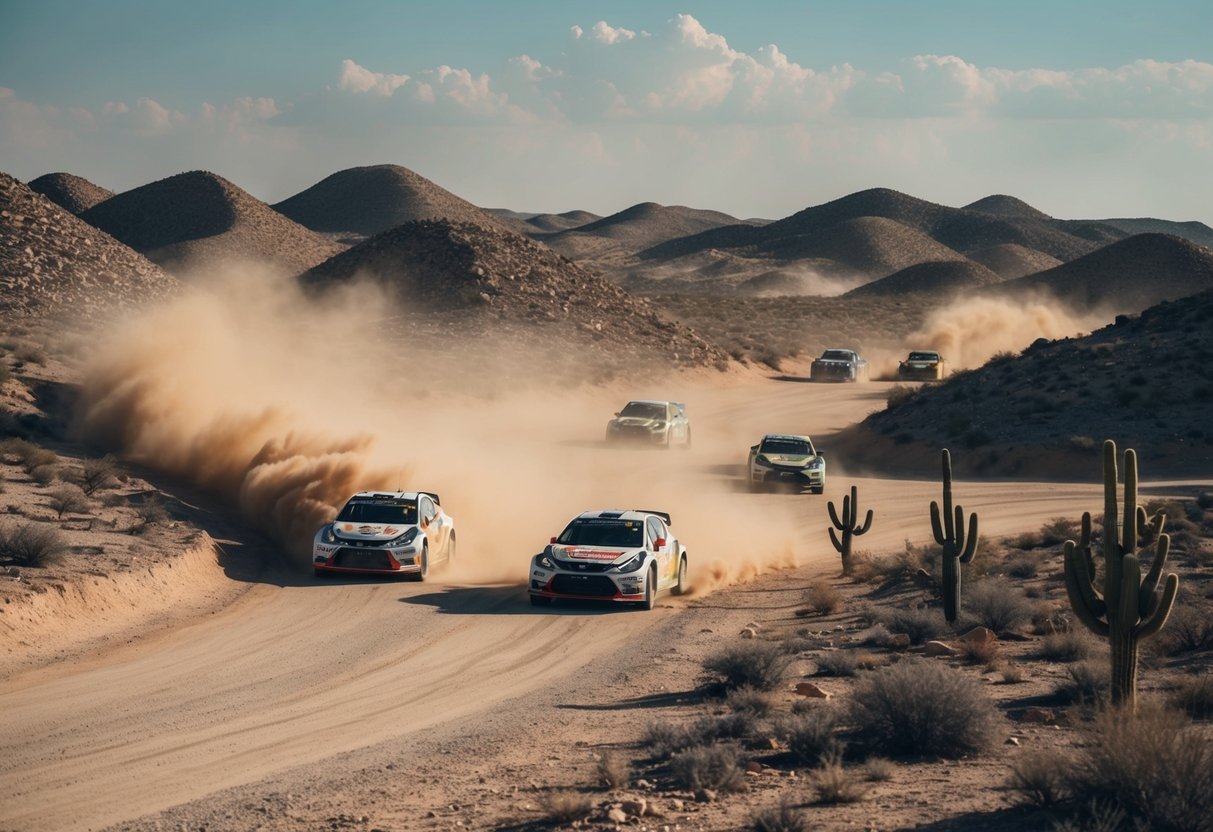 Dammiga ökenlandskap med klippiga kullar och kaktusar, slingrande rallybilsspår som skär genom landskapet. Dammtäckta moln virvlar bakom de fartfyllda bilarna.