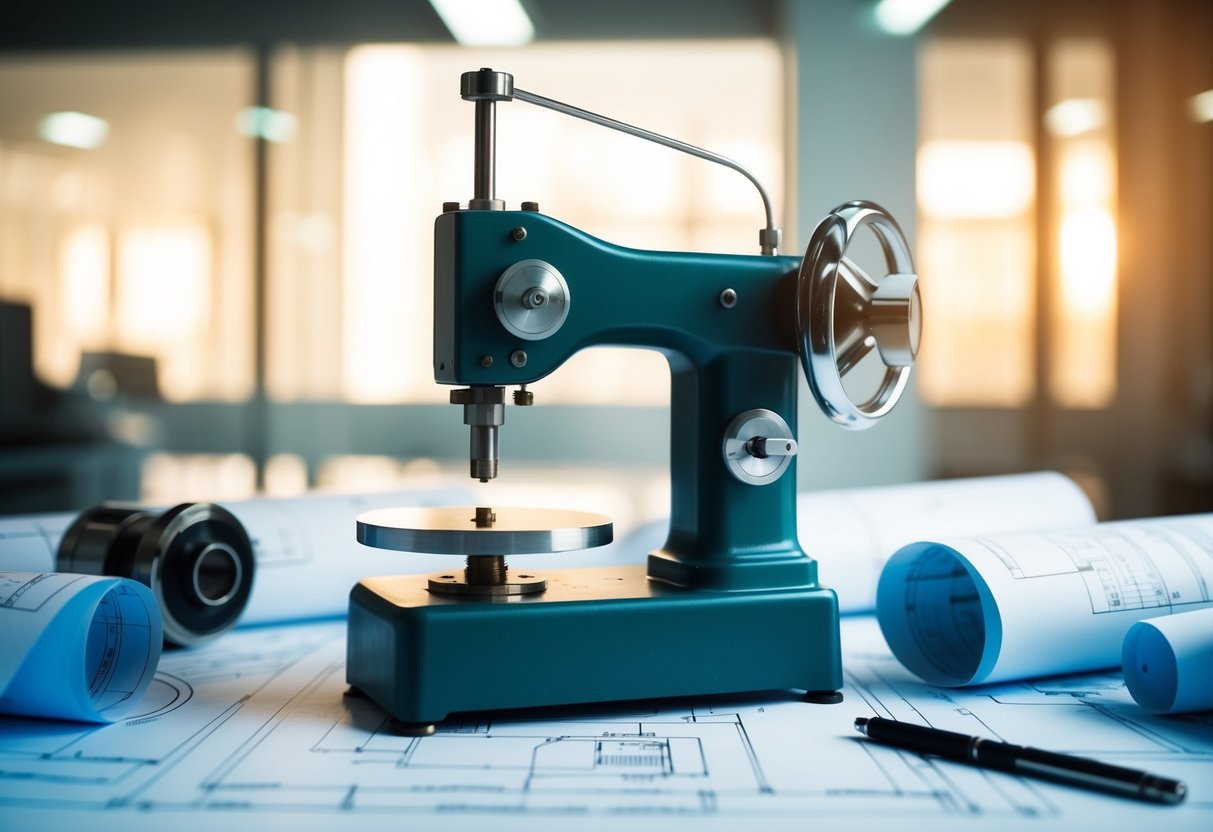 Une machine d'essai mécanique vintage entourée de plans d'ingénierie et de dessins techniques