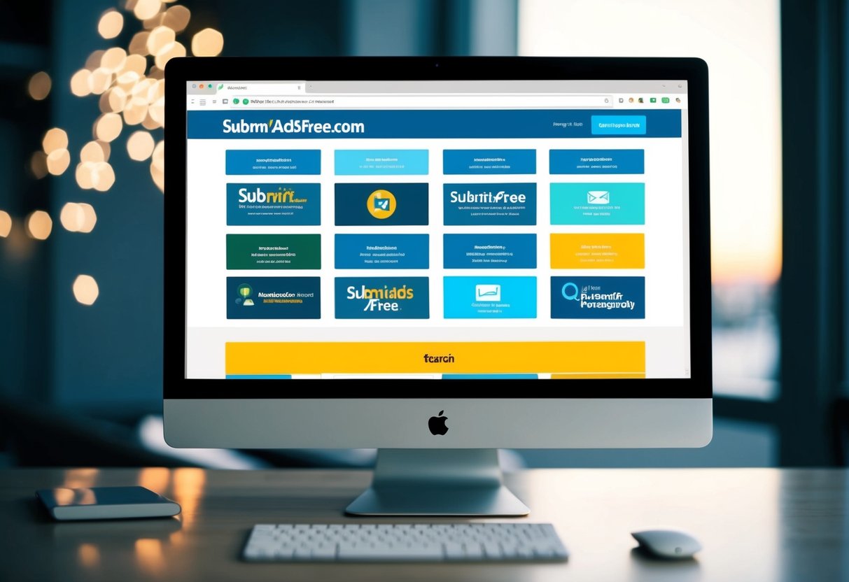A computer screen displaying Submitads4free.com homepage with various ad listings and a search bar
