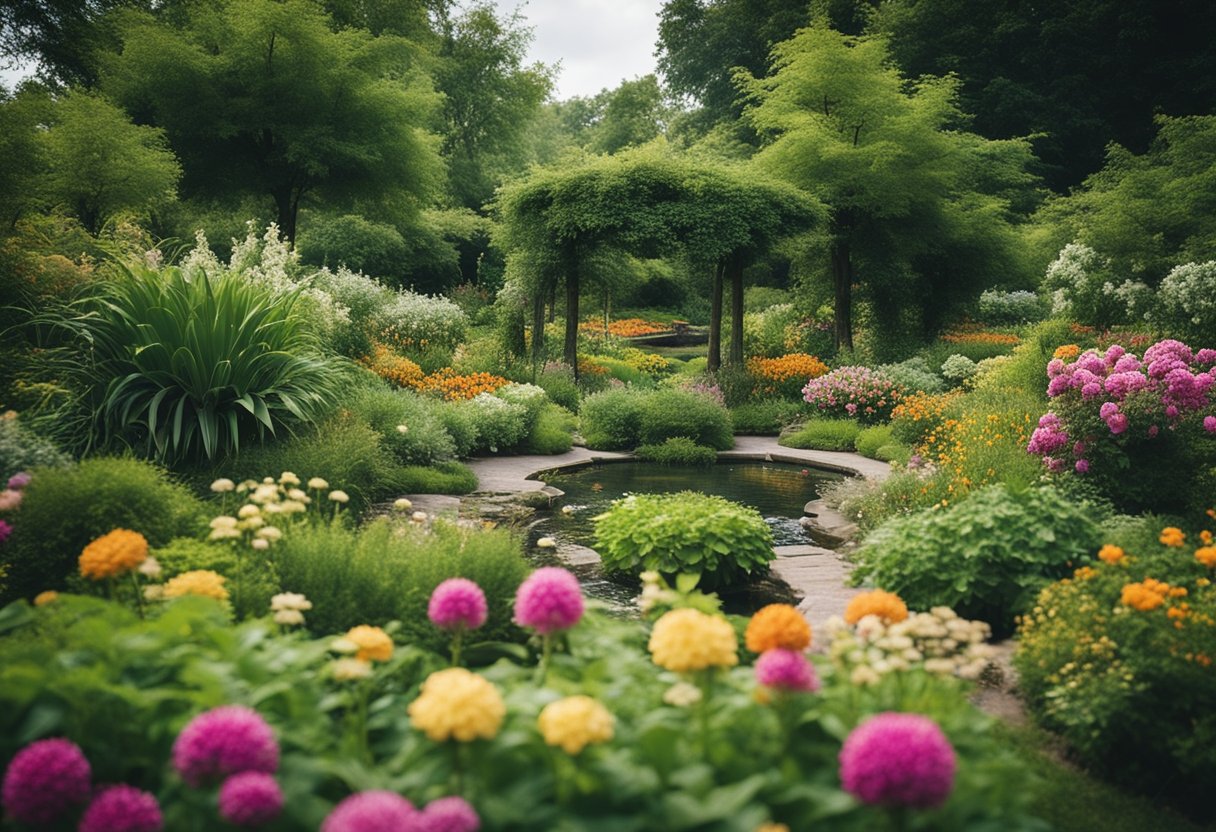 A lush garden with vibrant, blooming flowers and abundant fruit, surrounded by gentle, flowing streams