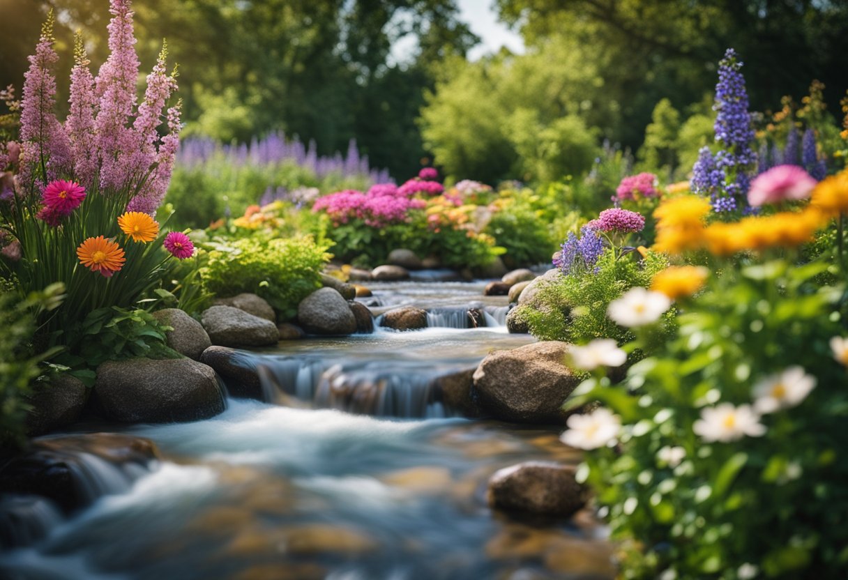 A vibrant garden with blooming flowers and a clear, flowing stream, symbolizing the promises of health and help from 3 John 1:2