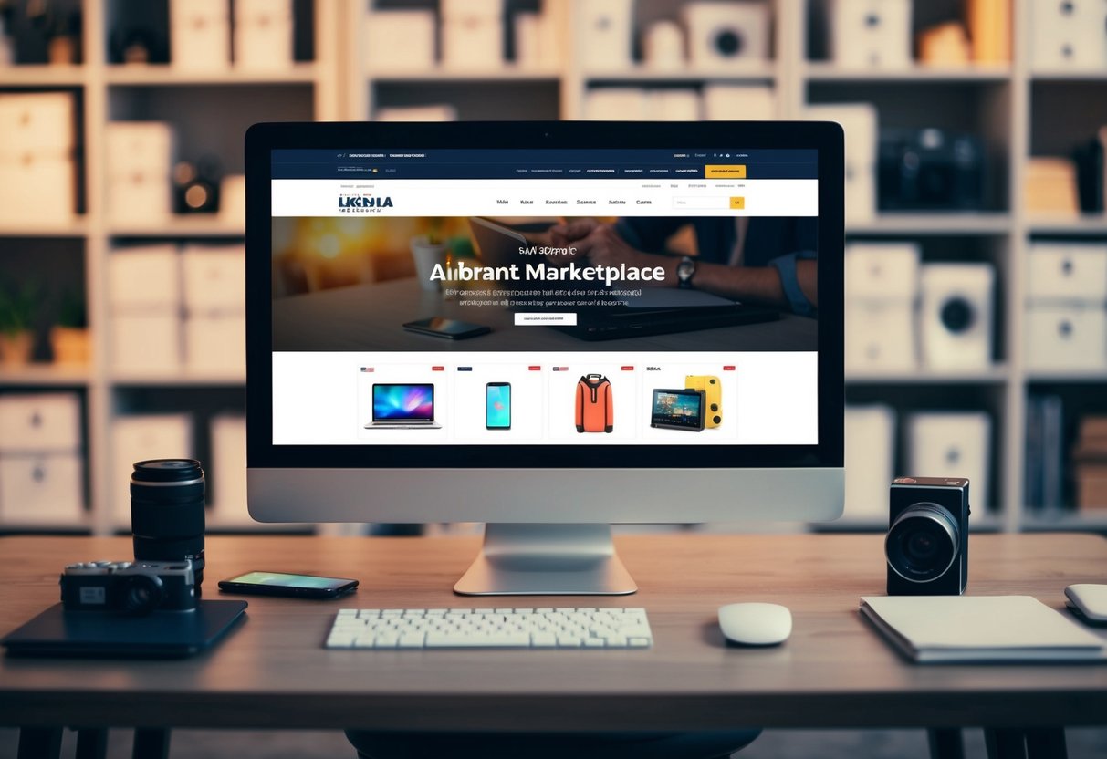 A vibrant marketplace with various categories of items for sale, including electronics, clothing, and home goods. The site features a clean and user-friendly interface