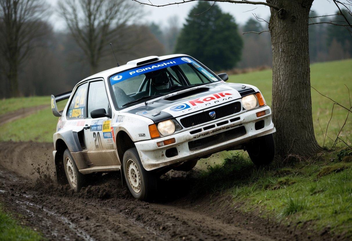 En rallybil som sladdar av en lerig väg och kraschar in i ett träd