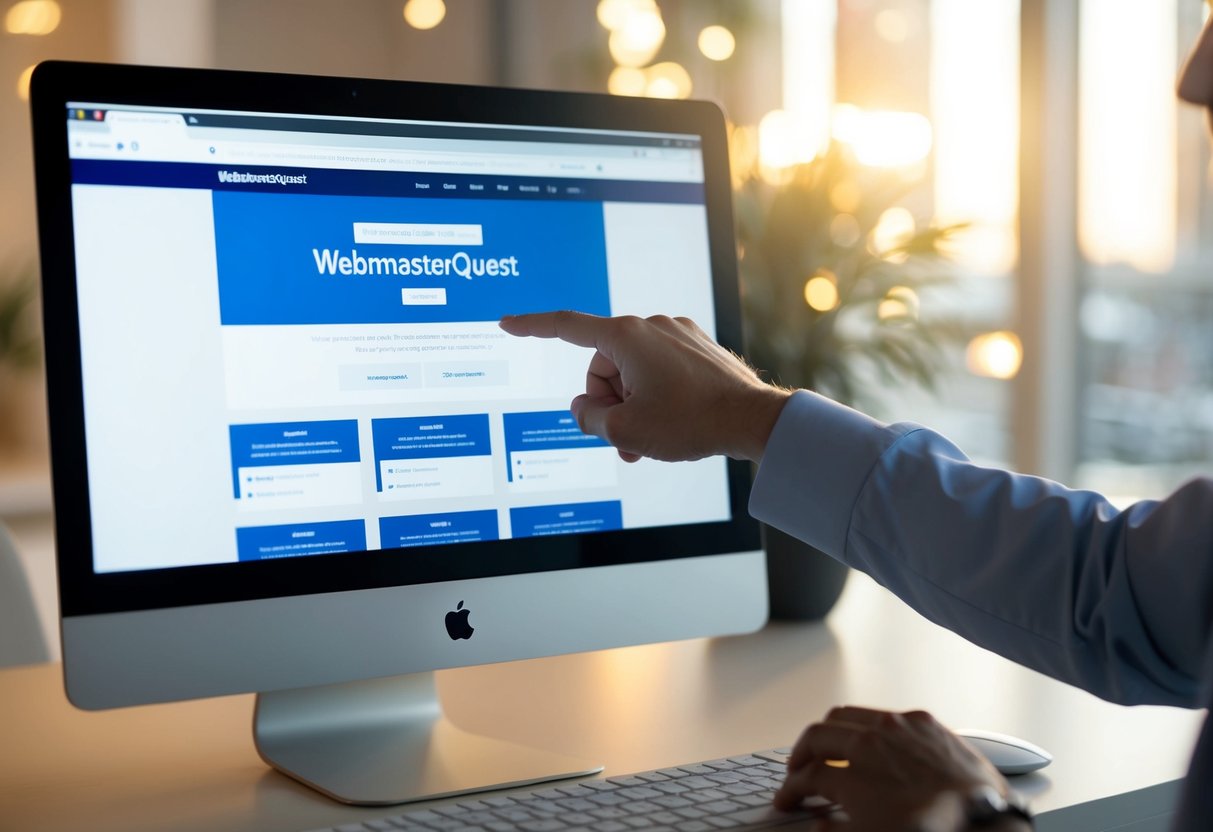 A computer screen displaying the WebmasterQuest website with a mouse cursor clicking on various links and tabs
