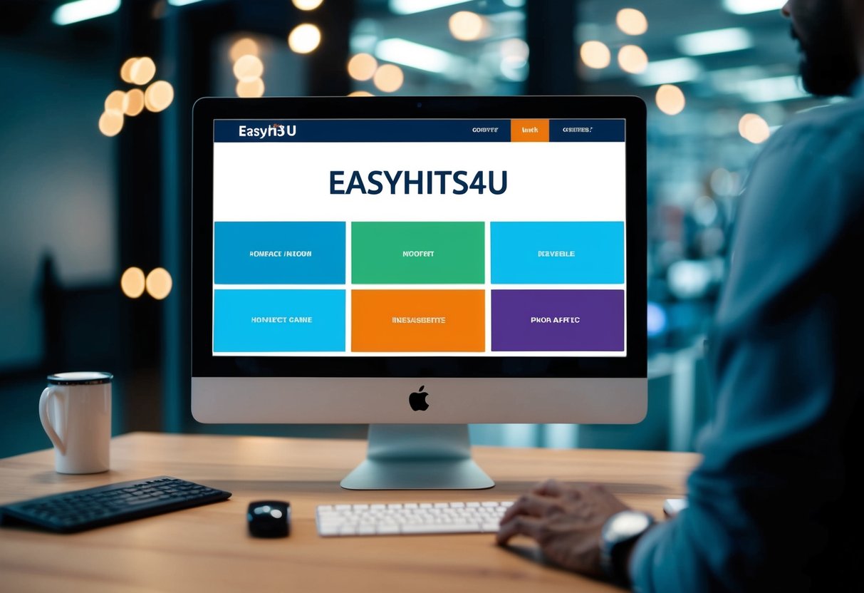 A computer screen displaying the EasyHits4U website with a cursor clicking on various tabs and buttons