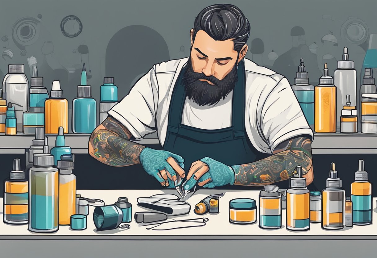 Um tatuador aplica cuidadosamente pomada em um design recém-tatuado, cercado por frascos de produtos para cuidados posteriores em uma superfície de trabalho limpa e estéril.