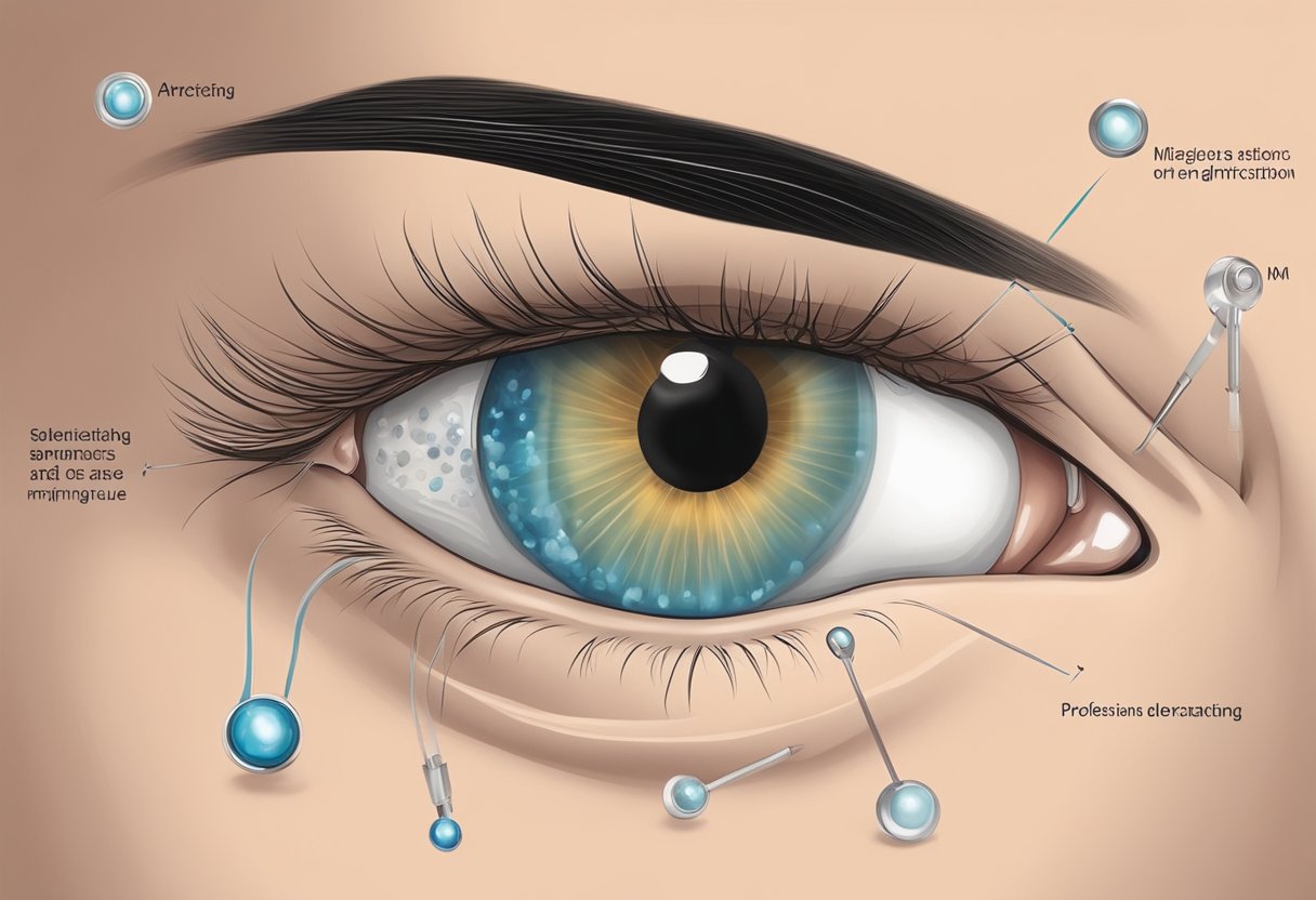 Uma ilustração em close de um piercing microdermal com potenciais complicações e soluções, como infecção, rejeição ou migração, e técnicas adequadas de cuidados posteriores.