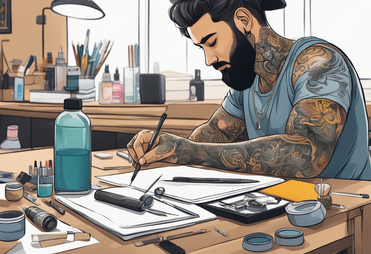 Um tatuador em Curitiba prepara equipamentos e designs antes de uma sessão de tatuagem. Frascos de tinta, agulhas e um caderno de esboços estão dispostos em uma mesa de trabalho limpa e bem iluminada.